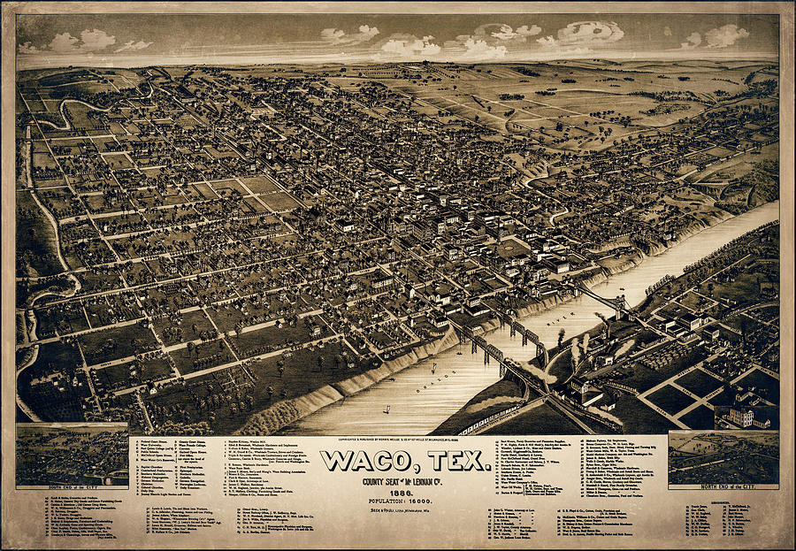 Waco Photograph - Waco Texas Vintage Map Birds Eye View 1886 Sepia  by Carol Japp