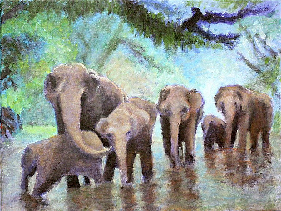 African Elephants Painting - Wade in the Water by David Zimmerman