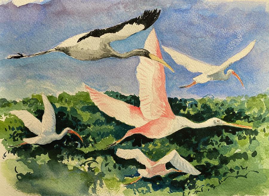 Wading Birds in Flight. St Simons Island  Painting by Robert Fugate