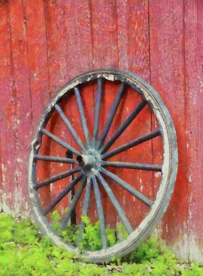 Wagon Wheel On Red Barn Painting by Dan Sproul