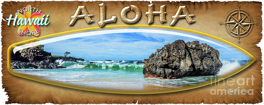 Waimea Bay Photograph - Waiamae Bay Diving Rock Set North Shore Surf Board by Aloha Art