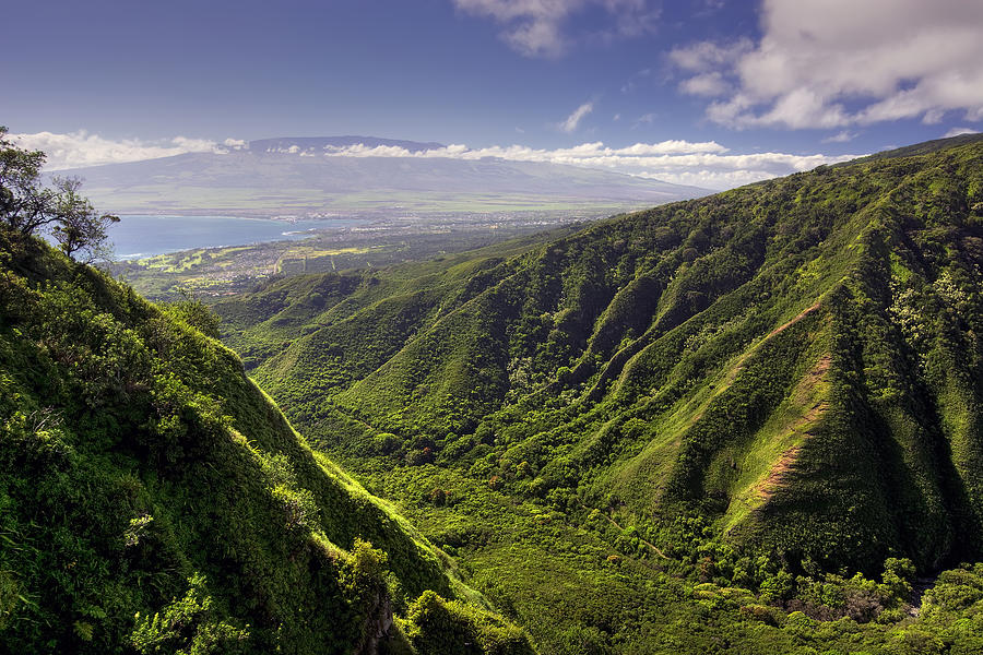 Waihee Ridge Trail and view of Kahului and Haleakala, Hawaii Photograph by 7Michael