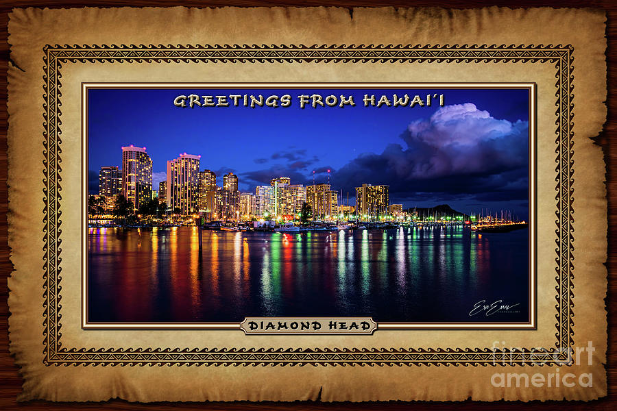 Waikiki and Diamond Head at Dusk Oahu Hawaiian Style Postcard  Photograph by Aloha Art