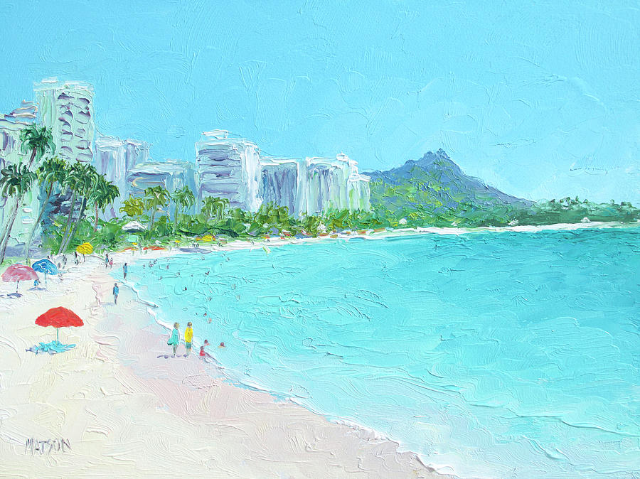 Waikiki beach Honolulu Hawaii, beach scene impression Painting by Jan Matson