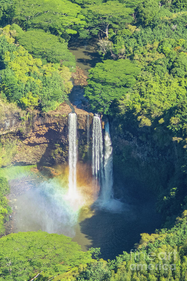 Tree Photograph - Wailua Falls with a Rainbow in the Mist, Kauai, Hawaii by Nancy Gleason