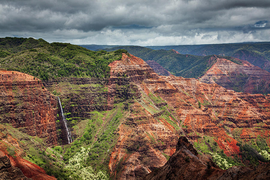 Waterfall Photograph - Waimea Canyon and Waterfall by Roger Mullenhour