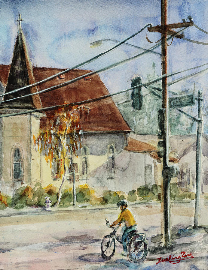 Waiting for Traffic Light in front of Elim Assembly of God Church Santa Clara California Painting by Xueling Zou