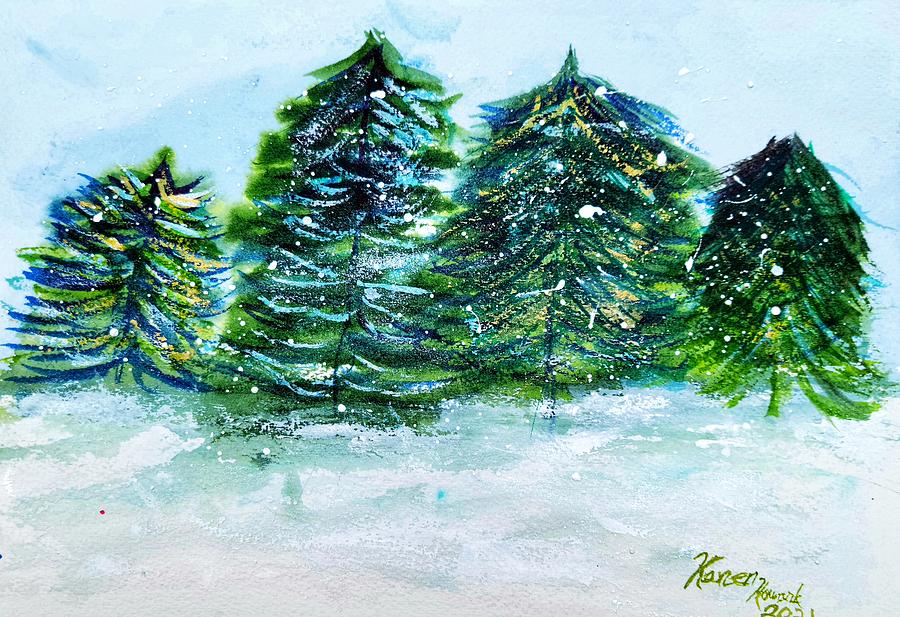 Tree Painting - Evergreens in the Snow by Shady Lane Studios-Karen Howard