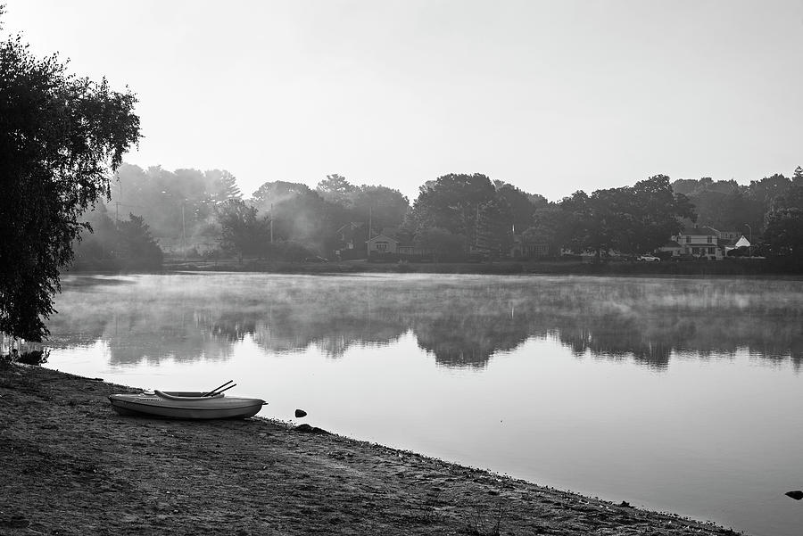 Wakefield MA Lake lake Quannapowitt Kayak Misty Sunrise Black and White Photograph by Toby McGuire