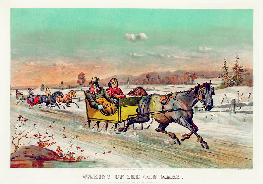 Christmas Drawing - Waking up the old mare by Currier and Ives