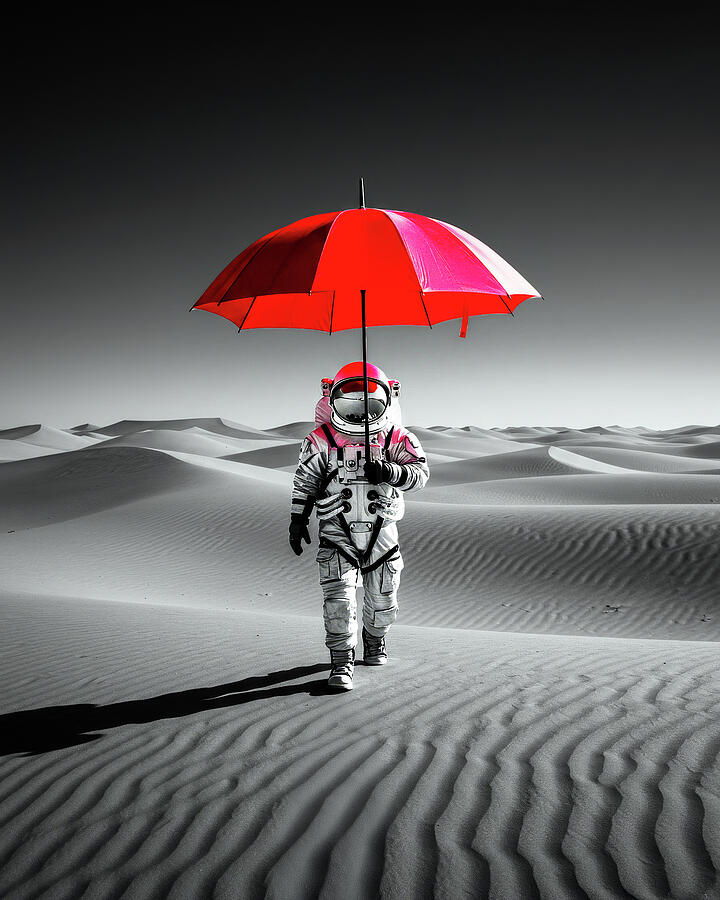 Desert Wanderer Astronaut with Red Umbrella in Surreal Landscape Fine Art Print by Bob Orsillo Photograph by Bob Orsillo