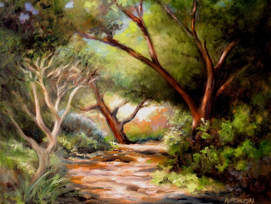 Walk in Light and Shadow Painting by Peggy Wrobleski