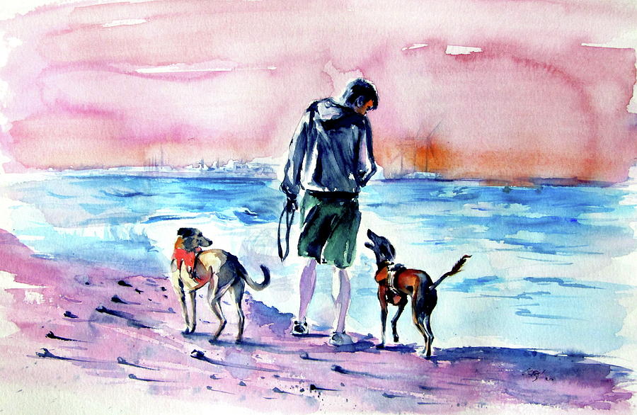 Walk with dogs on the beach Painting by Kovacs Anna Brigitta