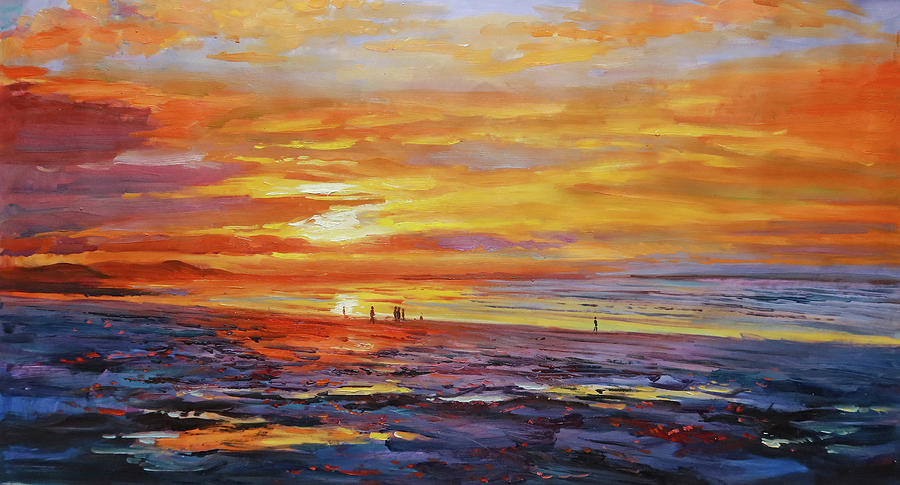 Walkers On Enniscrone Beach at Sunset County Sligo Painting by Conor McGuire