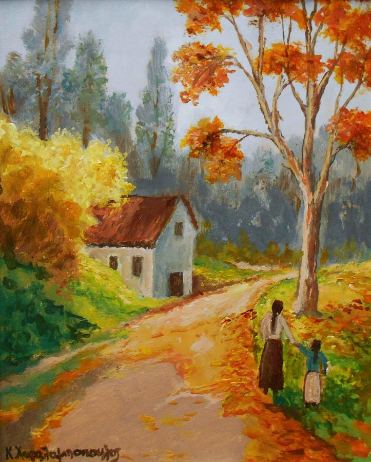 Walk In Autumnal Forrest Painting by Konstantinos Charalampopoulos