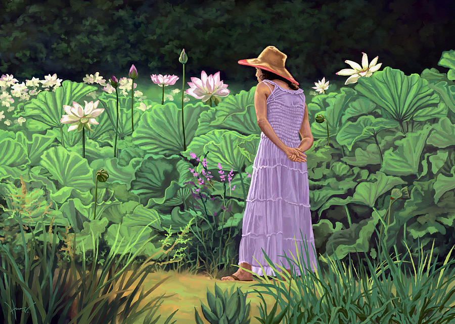 Walking among the lotus Painting by Hans Neuhart