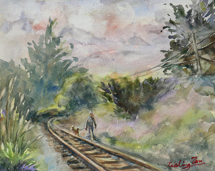 Walking by the Railway Painting by Xueling Zou