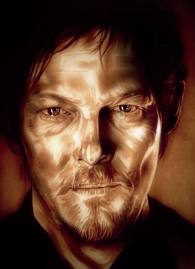 Norman Reedus Drawing - Walking Dead - Sepia Edition by Fred Larucci
