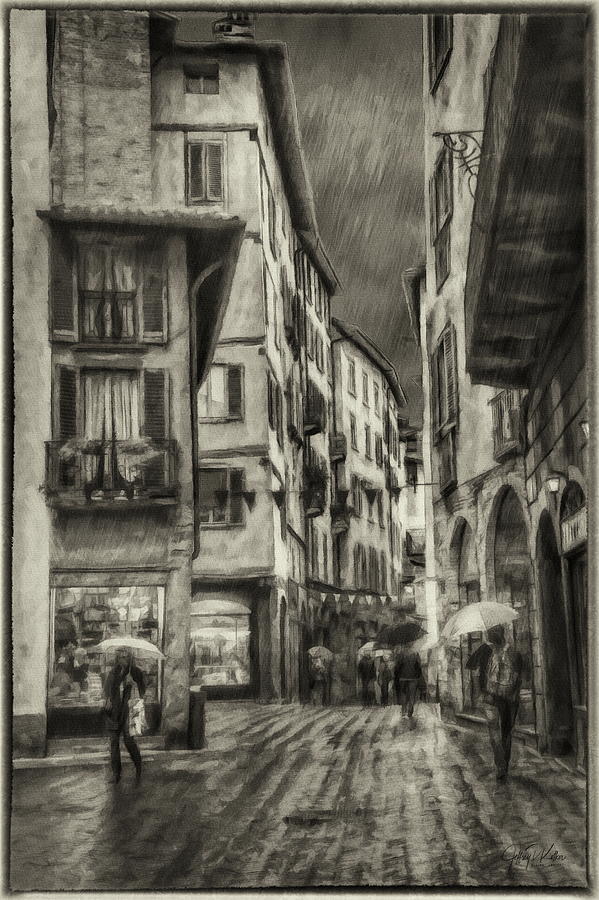 Walking in the Rain - Bergamo - BW Painting by Jeffrey Kolker