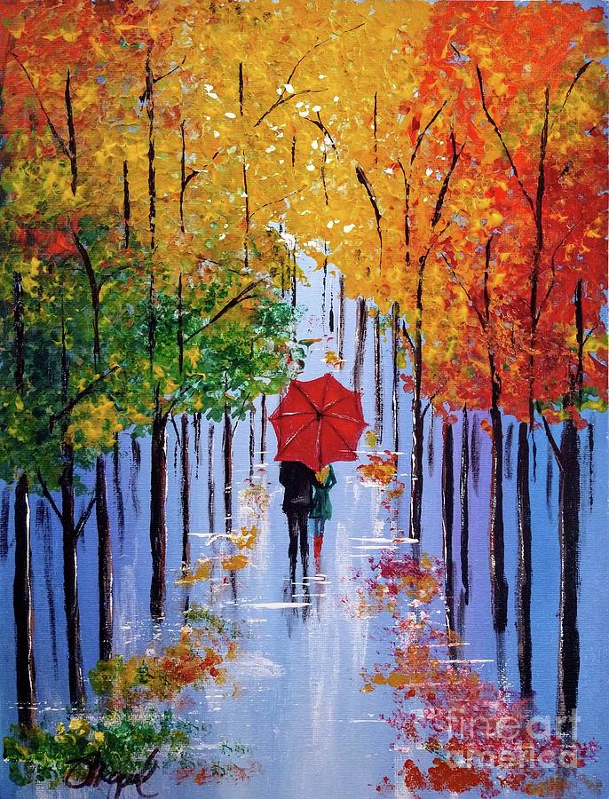 Rainy Day Painting, New York Rain, Romantic Couple Walking, Umbrella in the  Rain