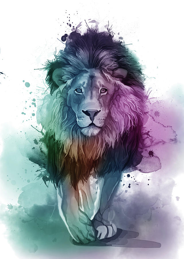 Walking Lion Watercolor Digital Art by Bekim M