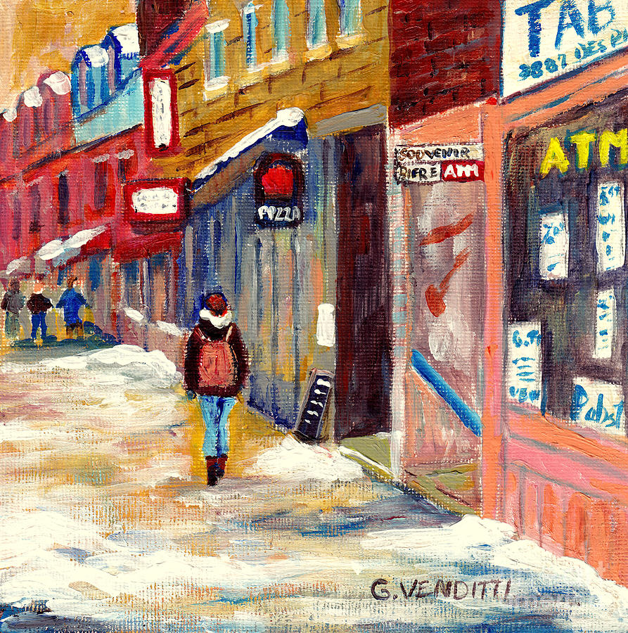 Walking On St Laurent Towards Schwartzs Deli Montreal Winter Scene Grace Venditti Canadian Artist Painting by Grace Venditti