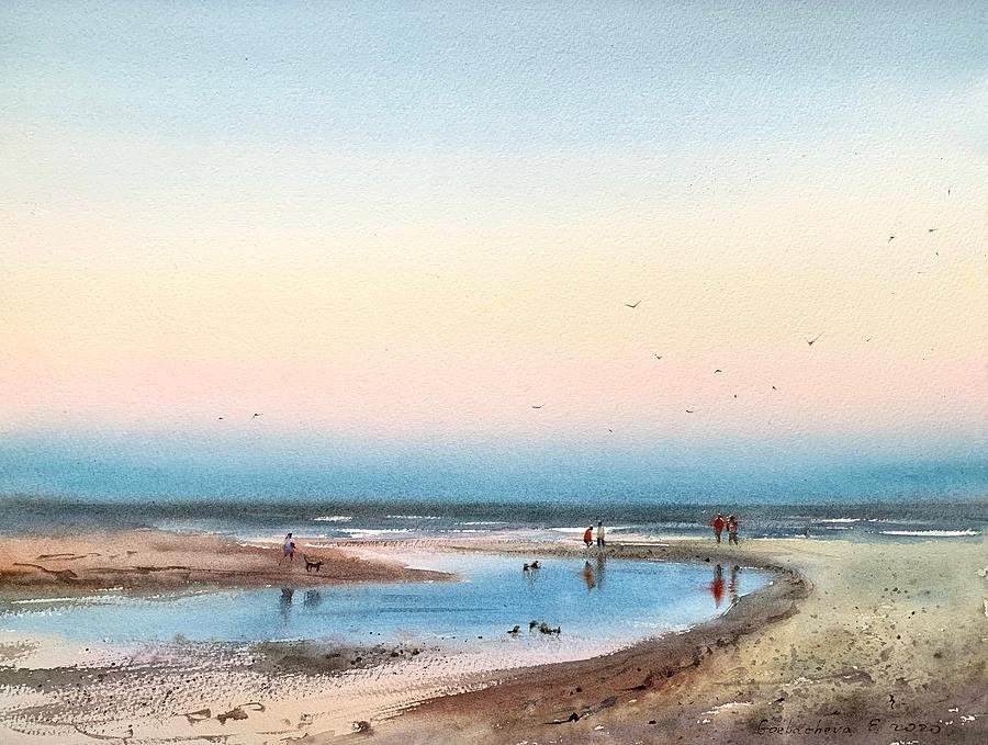 Sunset Painting - Walking on the beach  by Eugenia Gorbacheva
