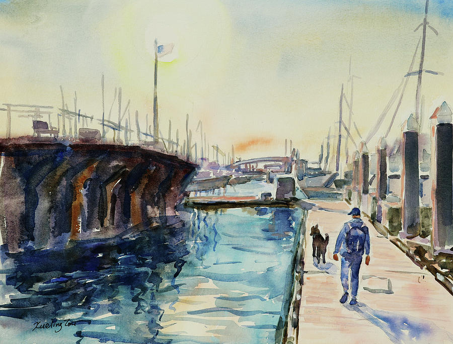 Walking on the Deck at Grand Marina Alameda California Painting by Xueling Zou