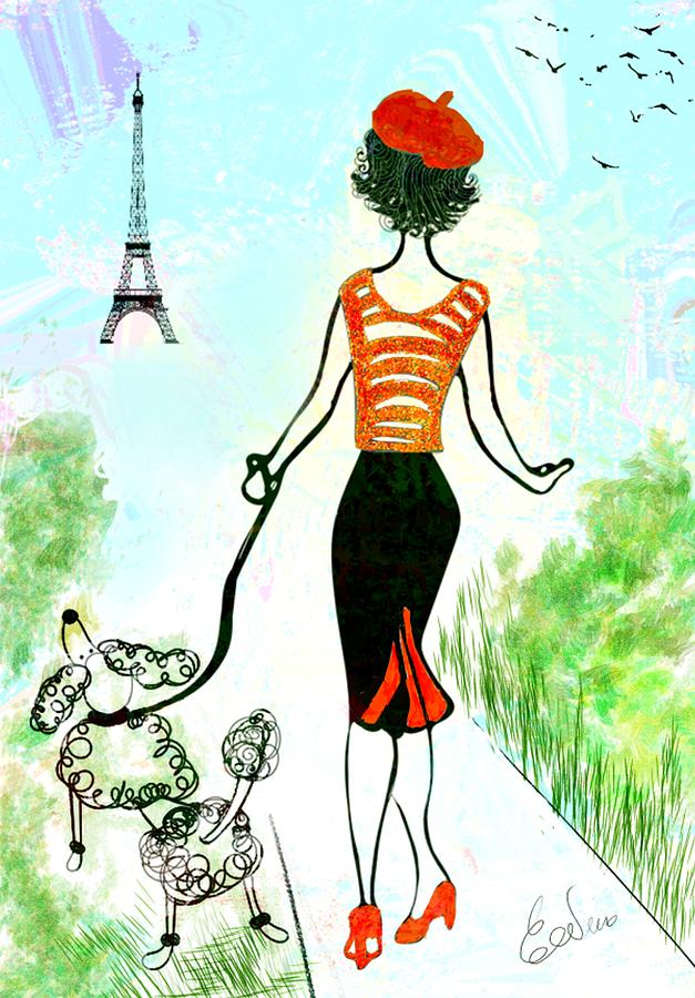 Paris Digital Art - Walking the Dog in Paris by Elaine Weiss