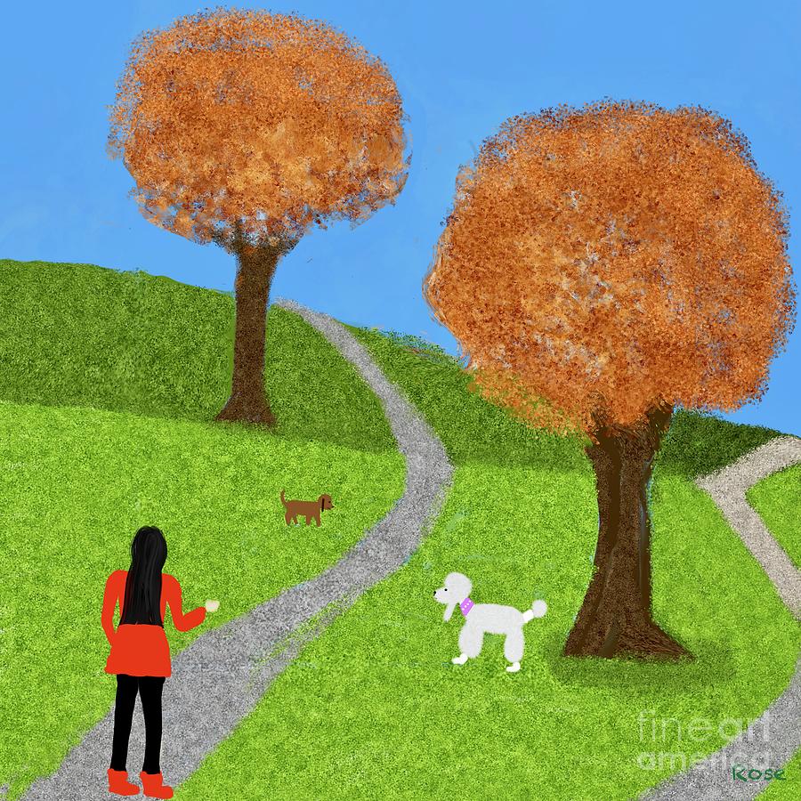 Walking the dogs in autumn  Digital Art by Elaine Hayward