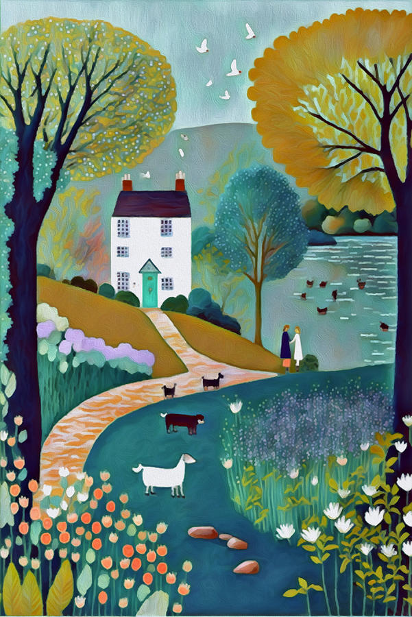 Walking the Dogs to the Duck Pond Mixed Media by Ann Leech