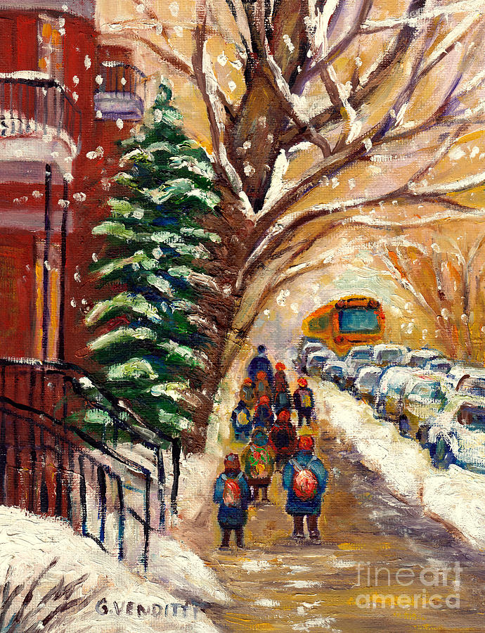 Snowy Montreal Winter Scene Painting Walking Towards School Bus Street Scene Grace Venditti Artist Painting by Grace Venditti