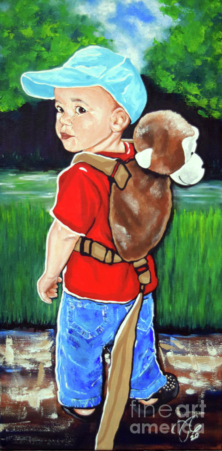 Walking Boy My Monkey Toddler Jeans Stuffed Animal Child Kid Jackie Carpenter Baseball Cap Child   Painting by Jackie Carpenter