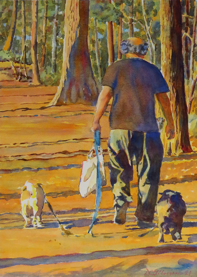 Walking with Two Dogs Painting by David Gilmore