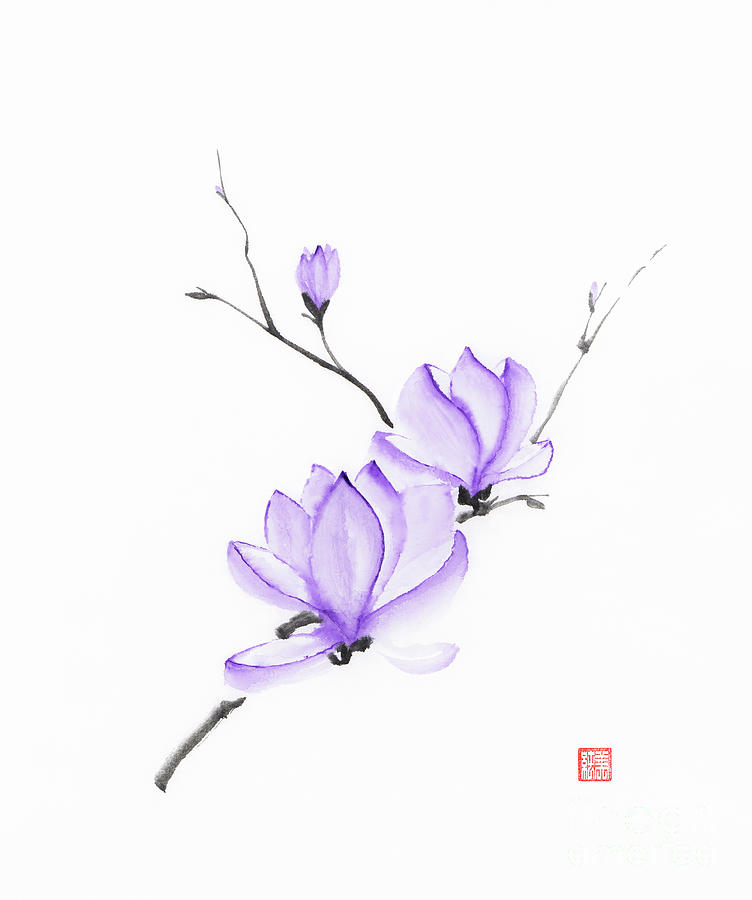 Wall Art print MXI33365 Fine art Zen sumi-e illustration of a magnolia branch with purple flowers Painting by Maxim Images Exquisite Prints