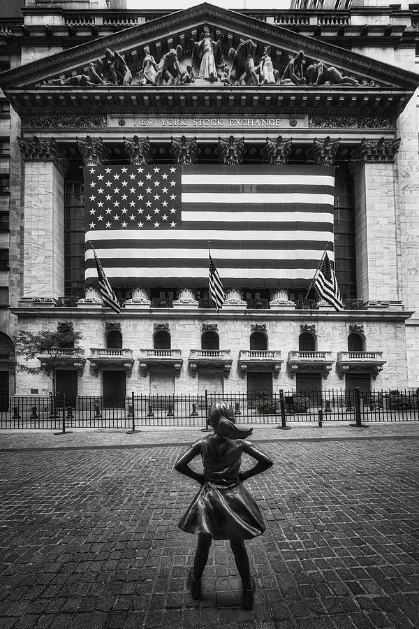 Wall Street Fearless Girl bw Photograph by Susan Candelario