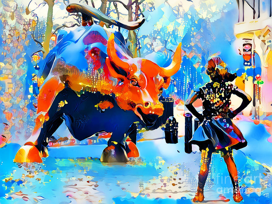 Wall Street Fearless Girl Meets The Bull in Vibrant Colors 20210726 Photograph by Wingsdomain Art and Photography