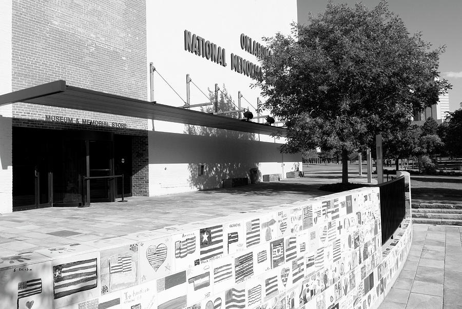 Wall With Flags at the Oklahoma City National Memorial Museum OK in Black and White Photograph by Bob Pardue