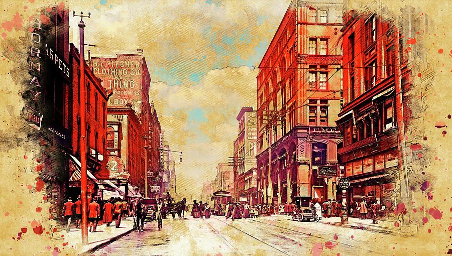 Walnut Street, Kansas City in 1906 - colorized old photo transformed in painting Digital Art by Nicko Prints