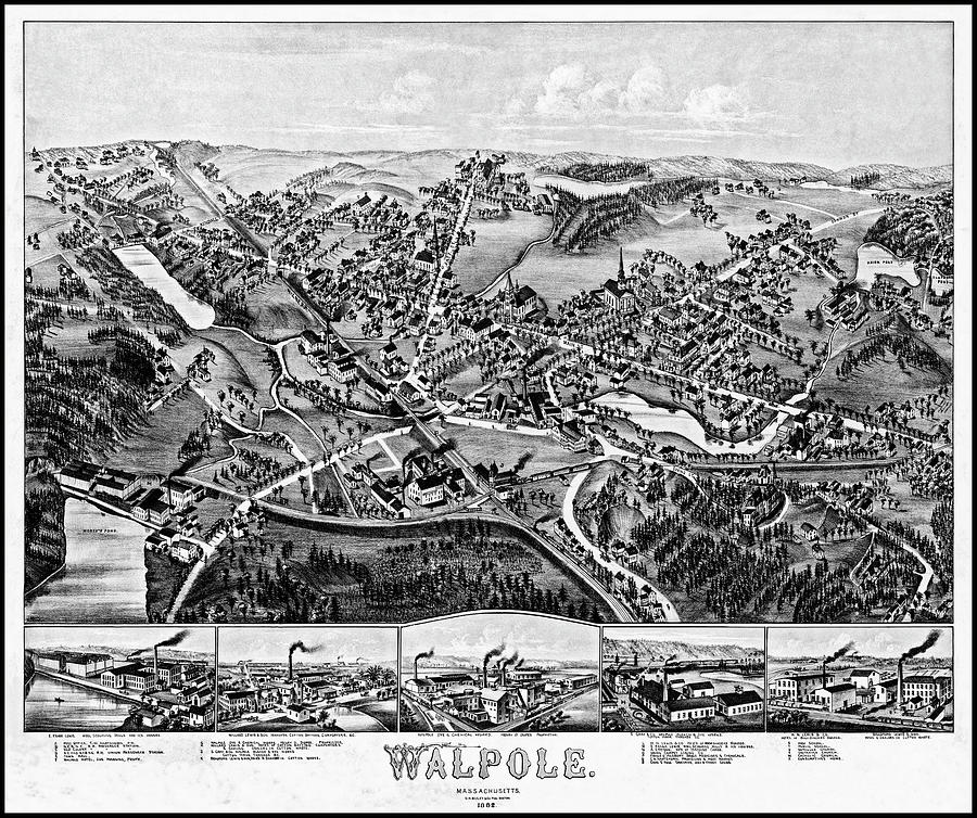Vintage Photograph - Walpole Massachusetts Vintage Map Birds Eye View 1882 Black and White by Carol Japp