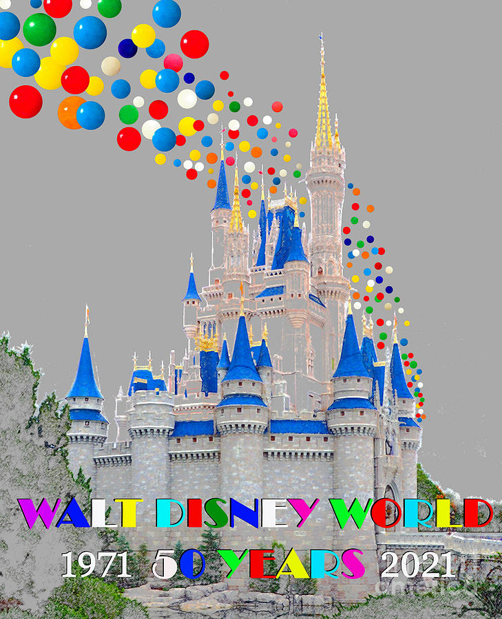 Walt Disney World 50th balloons and castle  Mixed Media by David Lee Thompson