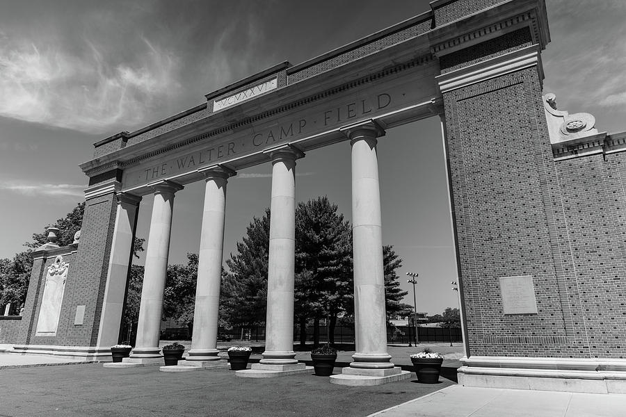 Walter Camp Field columns at Yale University in black and white Photograph by Eldon McGraw