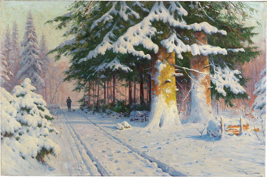 Walter Moras Hunter Returning Home in a Winter Woodland Painting by ...