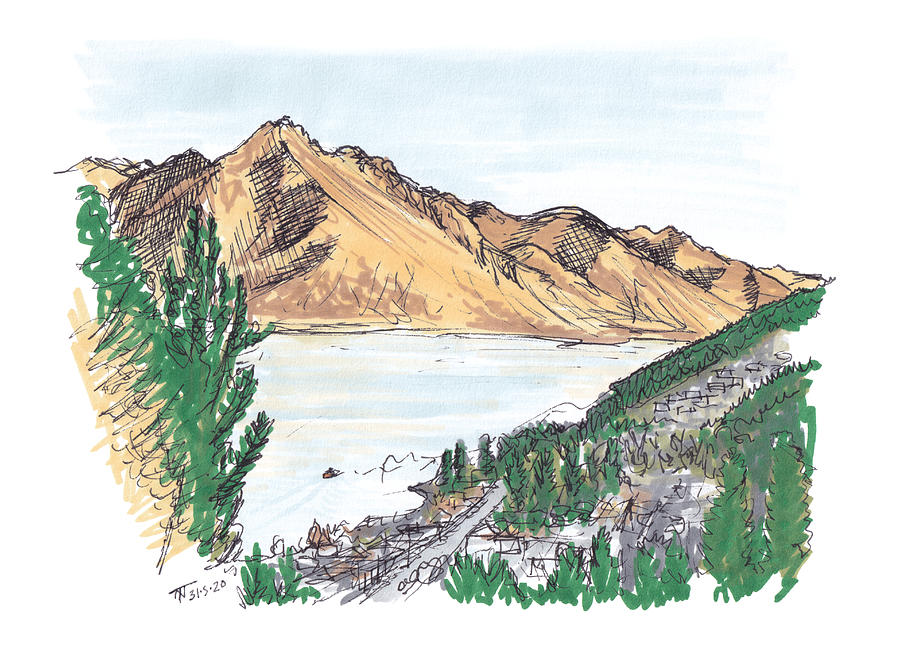 Mountain Drawing - Walter Peak from Queenstown Hill Track by Tom Napper