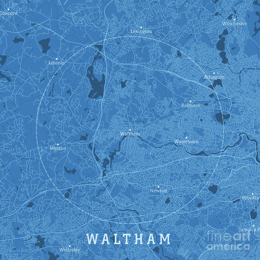 Waltham MA City Vector Road Map Blue Text Digital Art by Frank Ramspott ...