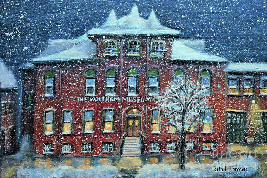 Waltham Museum on a Snowy Evening Painting by Rita Brown