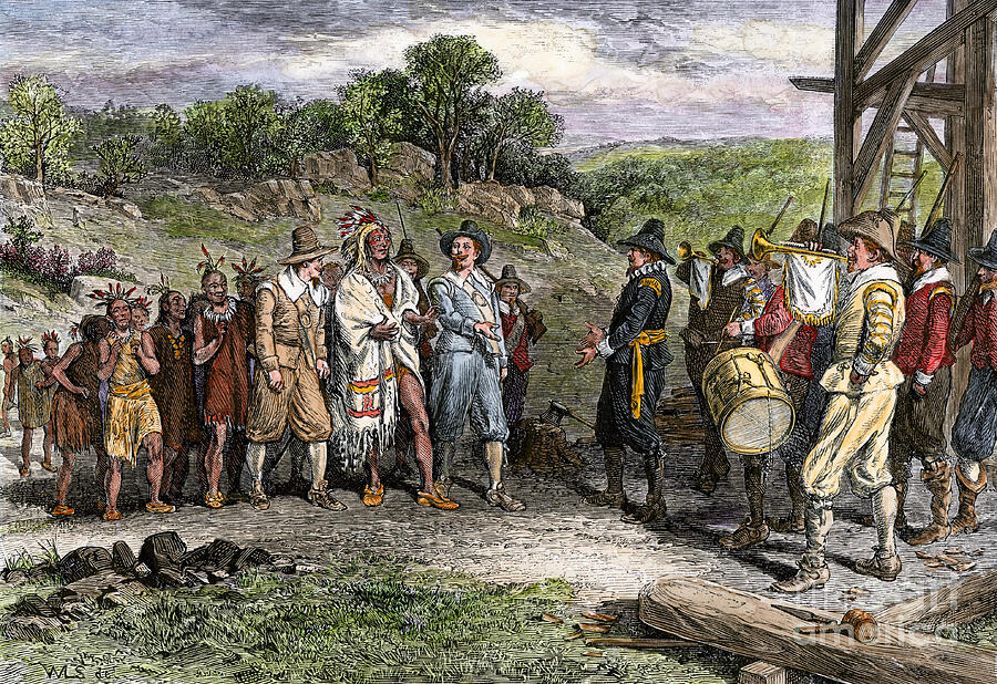 Wampanoag leader Massasoit visiting colonists at Plymouth, 1620s ...