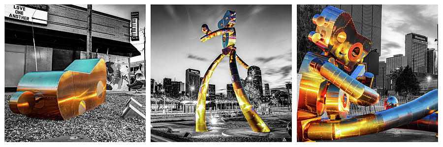 Wanderers of Deep Ellum - Selective Color Triptych Panorama of Dallas Traveling Man Sculptures Photograph by Gregory Ballos