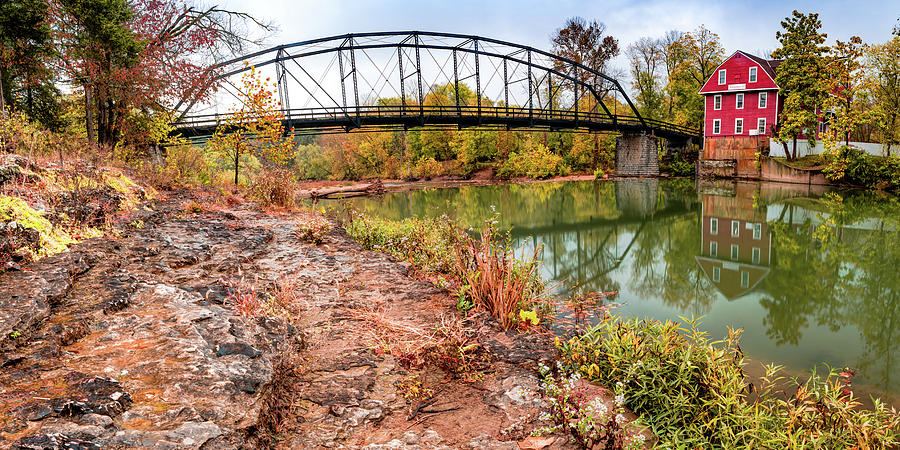 Landmark Photograph - War Eagle Creek Bridge and Historic Mill Panorama by Gregory Ballos