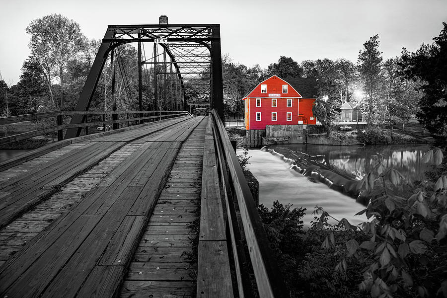 War Eagle Mill and Bridge in Selective Color Photograph by Gregory Ballos